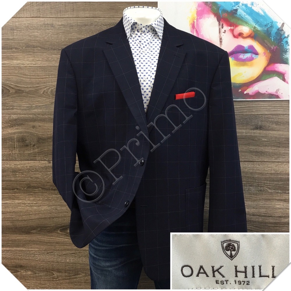 Oak Hill Mens 3XL Navy Blue Windowpane Sport Coat Blazer Two Button Jacket